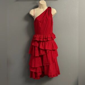 Anthropologie Red One-Shoulder Tiered Ruffle Midi Dress | Holiday Cocktail party